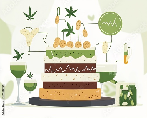 Infographic concept featuring medical cannabis recipes edibles with abstract health symbols and dosage guidelines