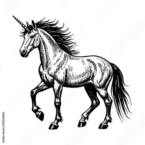 Unicorn sketch engraving black and white outline. Scratch board imitation.  illustrated in vintage line art style on a white background.