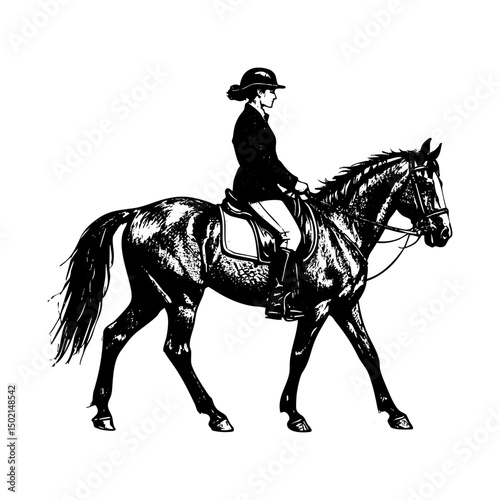 Woman riding horse sketch engraving black and white outline. Scratch board imitation.