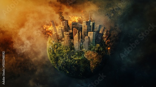 Conceptual image showing an urbanized planet facing environmental disaster