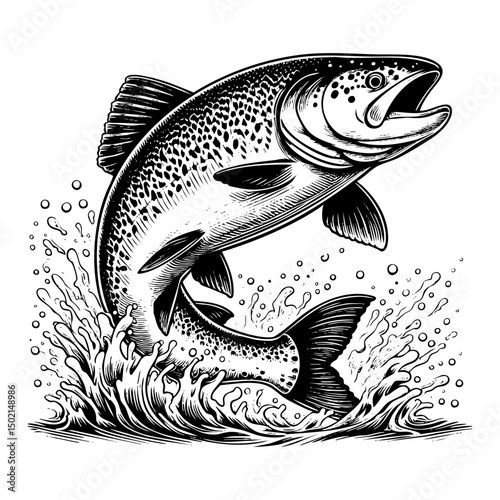 salmon jump sketch engraving black and white outline. Scratch board imitation.