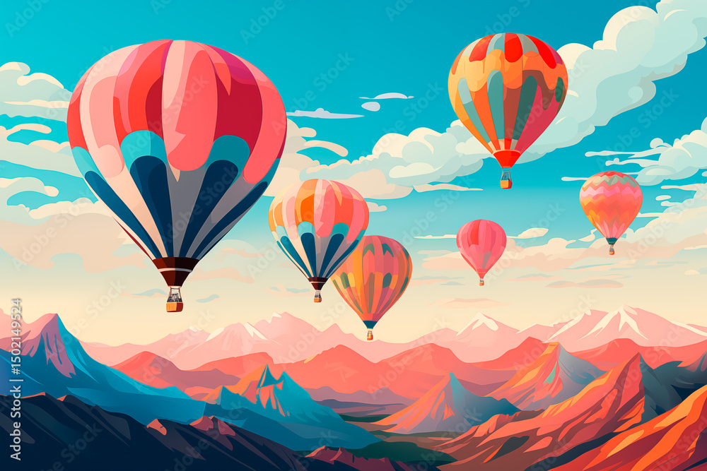 Obraz premium Colorful hot air balloons flying over mountains, concept of adventure, travel, and freedom in a vibrant, dreamy landscape. Illustration
