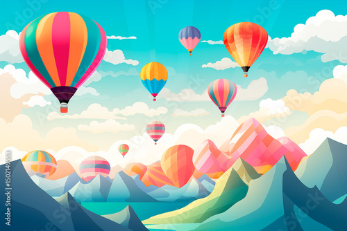 Illustration of multicolored balloons flying over mountains. Image created with AI