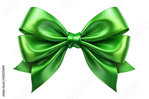 Glossy Green Silk Ribbon Bow in 3D Isolated on PNG transparent background