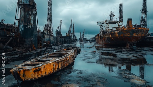 Decaying ship graveyard: A haunting tableau of rust, water, and industrial decay