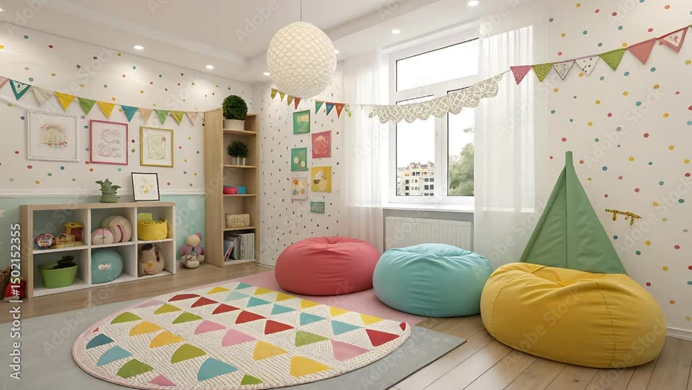 Playroom with colorful beanbags triangle rug and polka dot walls