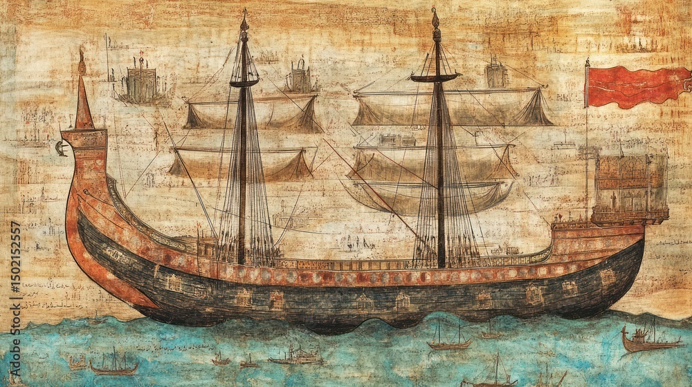Fototapeta premium Antique illustration of several sailing ships. A depiction of historical naval vessels, likely from the Age of Exploration.