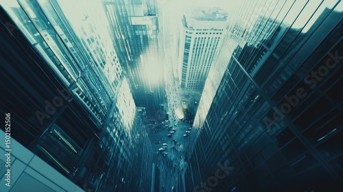 a cityscape  featuring towering skyscrapers that rise above the viewer. the perspective seems to be from a high vantage point  providing an expansive view of the urban environment below