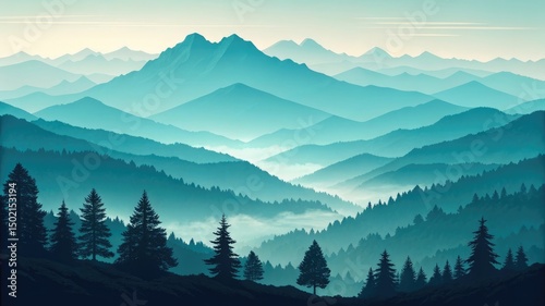 layered mountain silhouettes in gradient teal and indigo, minimalist flat style, distant mist effect


