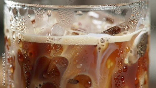 Iced coffee in a glass with condensation, capturing the refreshing allure of the beverage