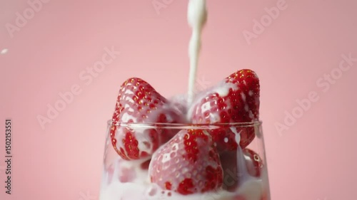 Milk pouring over fresh strawberries in a glass