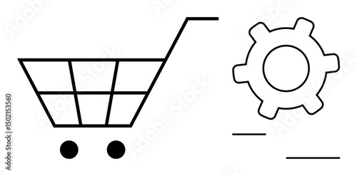 Minimalist shopping cart next to gear, symbolizing e-commerce and process automation. Ideal for retail, online business, technology, operations, workflow, shopping efficiency. Flat simple metaphor