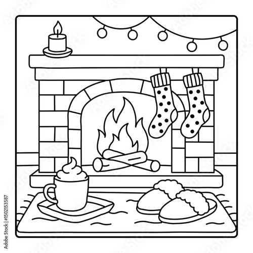 Cozy Fireplace Scene with Hot Drink, Slippers, and Christmas Stockings - Line Art Illustration