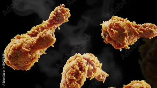 Crispy fried chicken legs in mid-air, with a tantalizing texture and delicious aroma