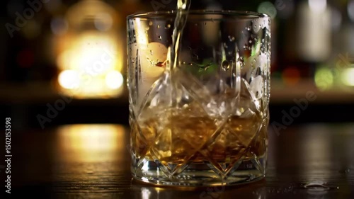 Close up shot of liquor pouring into a glass with ice cubes