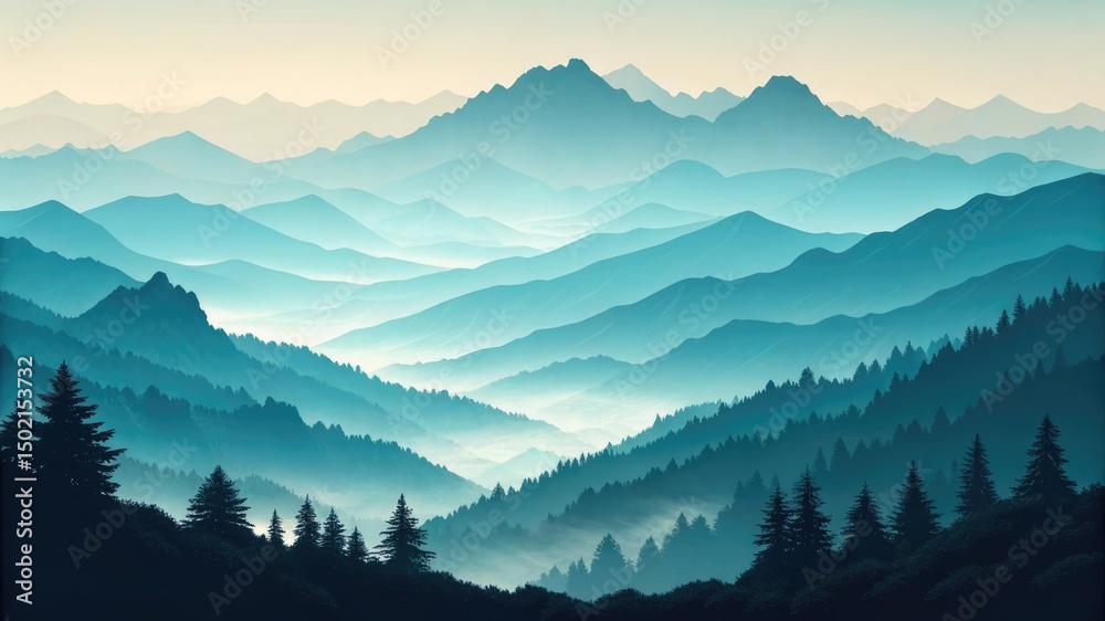 Obraz premium layered mountain silhouettes in gradient teal and indigo, minimalist flat style, distant mist effect