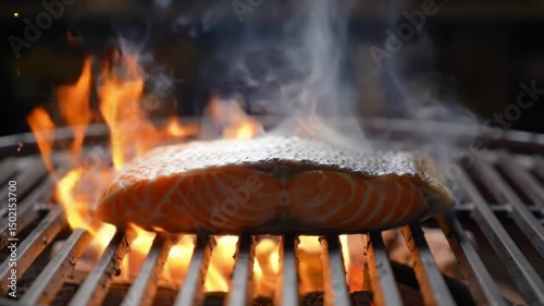 A salmon fillet sizzling on a grill, with flames dancing around it. The salmon looks perfectly cooked