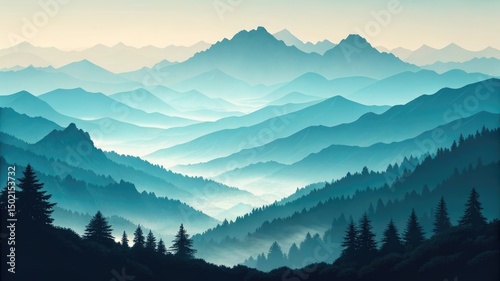 layered mountain silhouettes in gradient teal and indigo, minimalist flat style, distant mist effect

