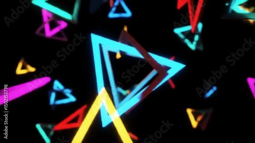 Colorful Neon Triangles floating in dark. This abstract design of neon-glowing shapes is ideal for modern visuals, futuristic backdrops, or artistic concepts