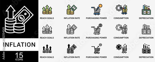 INFLATION icon set with various styles and colors of the price level, inflation rate, purchasing power, consumption, and depreciation