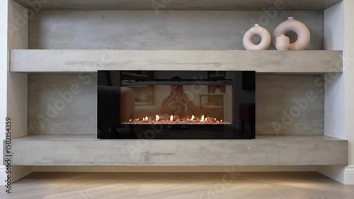 Contemporary Electric Fireplace With Concrete Mantle Shelves Home Interior Design