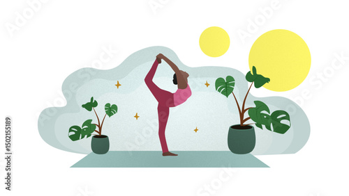 Young black woman pose asana yoga or vrksasana pose vector illustration. Young woman doing exercise in living room. Flat design with grain grainy texture, copy space, pastel color.