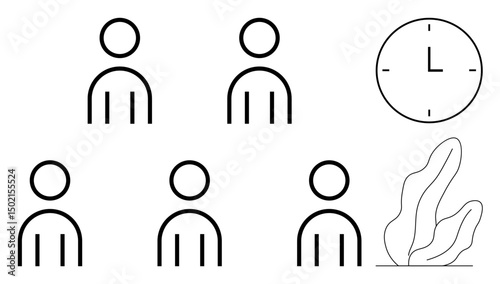 Minimalist design of five human figures, a clock, and plant element symbolizing teamwork, time management, and nature. Ideal for productivity, organization, workflow, time tracking progress