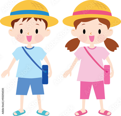 Cute kids wearing summer clothes with straw hats. Light blue and pink. Vector illustration.