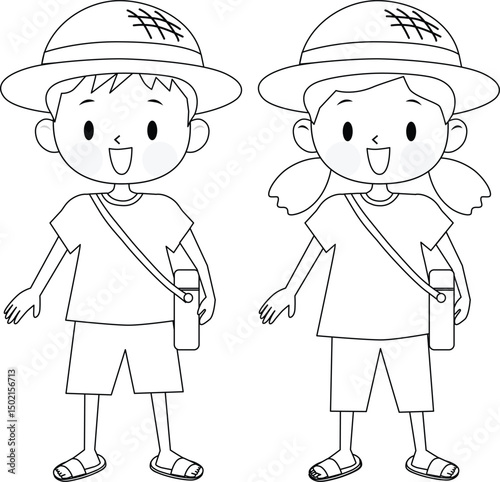 Line drawing of cute kids wearing summer clothes with straw hats. Light blue and pink. Vector illustration.