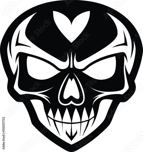 Stylized black and white skull illustration with a heart element and grinning expression