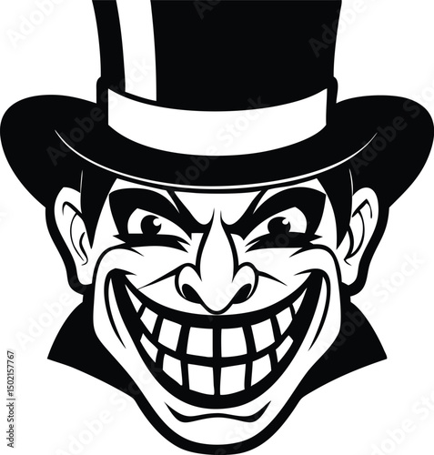 Vector illustration of a spooky character smiling with a top hat and evil expression