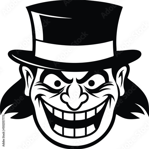 Spooky smiling character with top hat illustrative black and white vector design