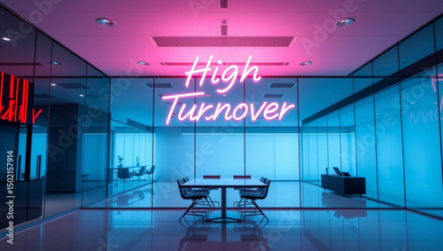 A modern office space with a conference table and neon sign reading high turnover displayed above created with generated ai