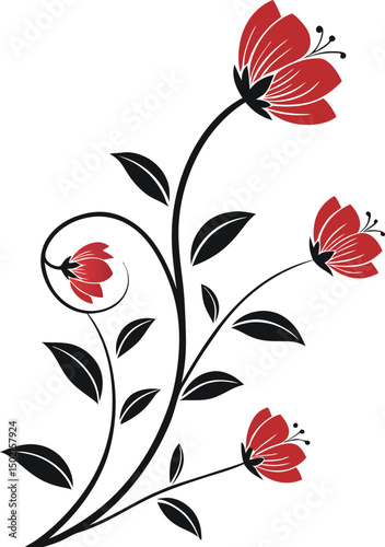 Elegant red and black floral vector illustration featuring blossoms and leaves on white background