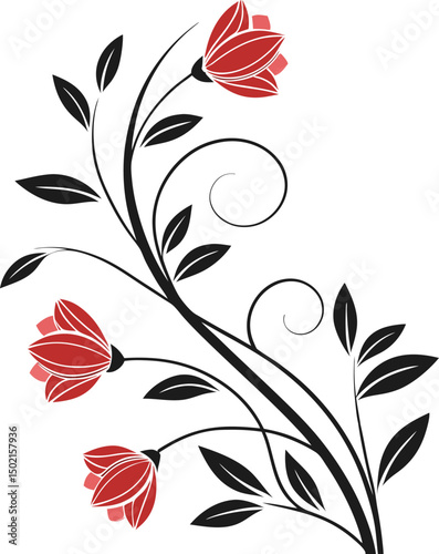 Elegant floral design featuring stylized red flowers black leaves and decorative swirls on white background