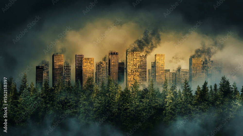 Obraz premium Cityscape in Ruins, A Post-Apocalyptic Vision of Urban Decay and Renewal