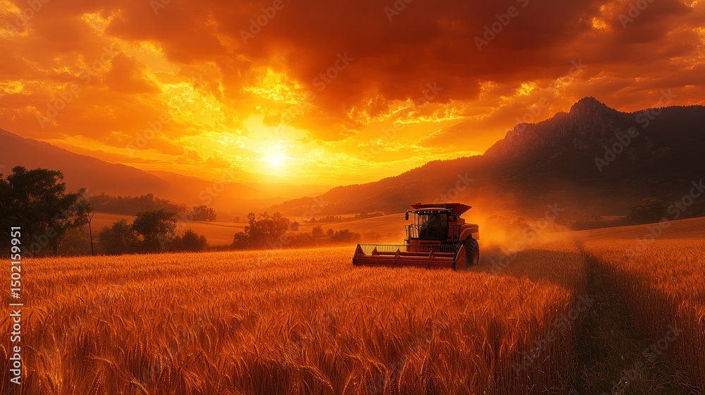 Fototapeta premium Golden field, sunset, harvester