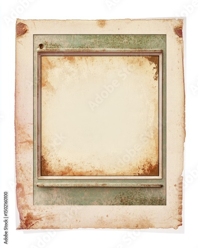 Aged photograph frame with worn, textured paper.  A vintage, slightly discolored and creased paper frame with a blank center area and visible signs of age