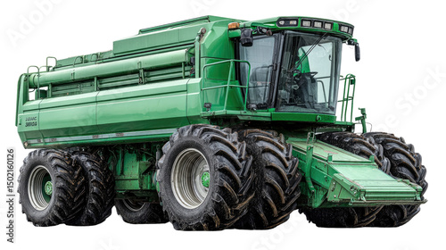 Combine Harvester: A powerful combine harvester, essential for modern agriculture, stands ready for harvest, its robust wheels and intricate machinery embodying agricultural innovation.