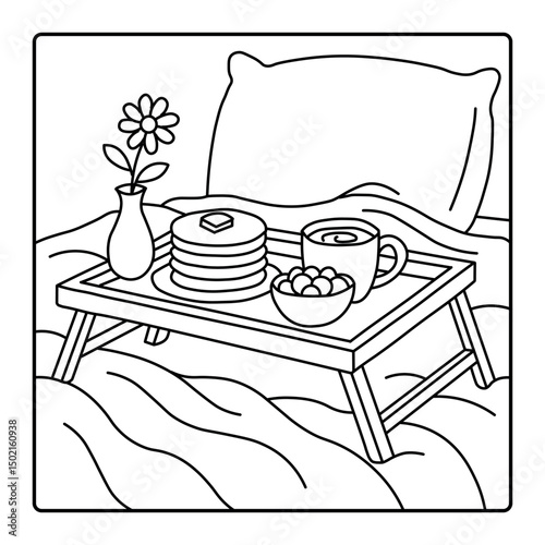 Breakfast in Bed with Pancakes, Coffee, and Flowers - Line Art Illustration