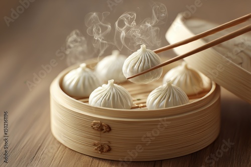 Steamed Perfection: Translucent Xiaolongbao with Visible Soup Broth in Bamboo Steamer (4K Ultra-Detailed Culinary Photography)