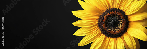 Close-up of a sunflower head against a black background.  Bright yellow petals radiate outward from a dark brown central disc