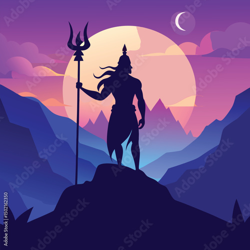 Silhouette of Lord Murugan with spear in hand, standing on a sacred hilltop with the sky gradating from blue to purple twilight vector ari ,,