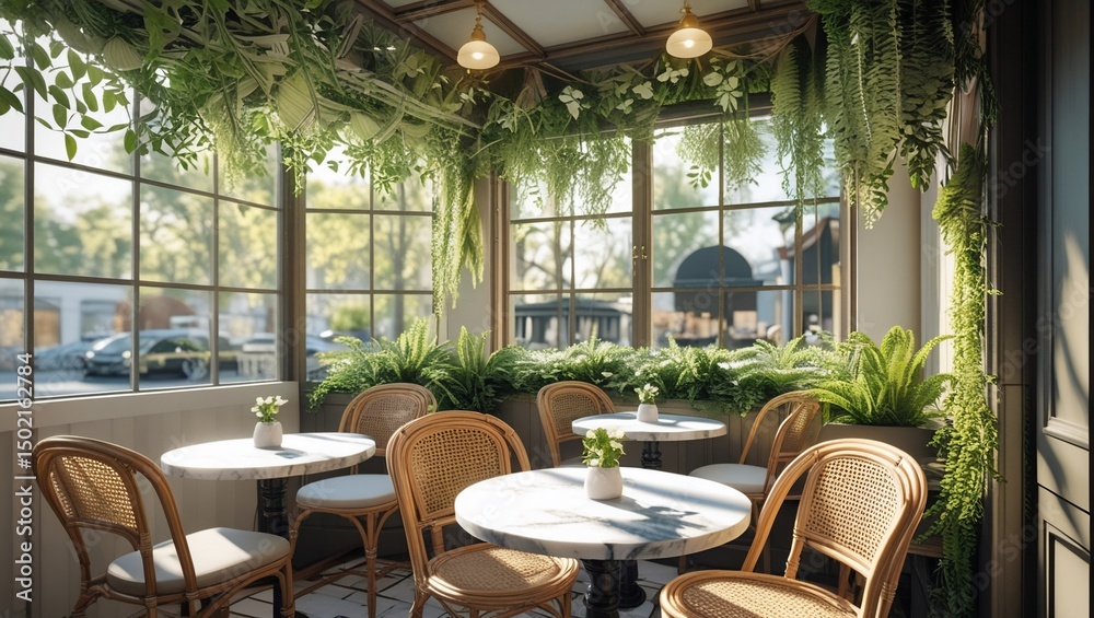 Fototapeta premium Sunlit cafe with plants, and city view.