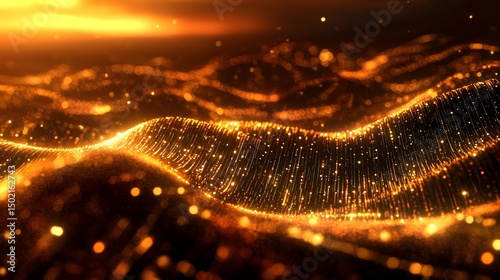Golden shimmering wavy lines with glowing particles.