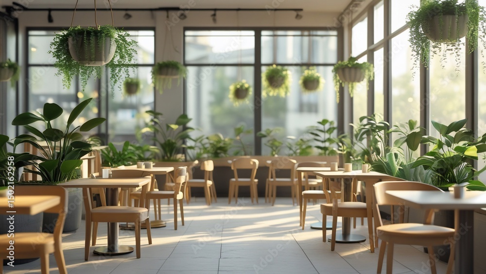 Fototapeta premium Sunny cafe with plants, and interior design.