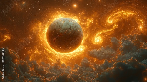 A Dreamy Planet Floats In a Textured Sky Where Astral Smoke Spirals Around Glowing Stars and Swirling Clouds In a Beautiful Surreal Universe