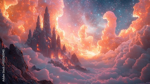 A Fantasy Kingdom Carved From Stone and Stars Glows Beneath a Gas Sky Filled With Swirling Light and Pink Marble Clouds