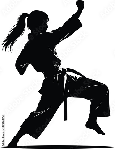 Silhouette of a female karateka in dynamic action performing a karate kick against white background