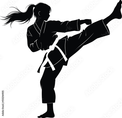 Silhouette of a female karateka performing a powerful high kick in martial arts training